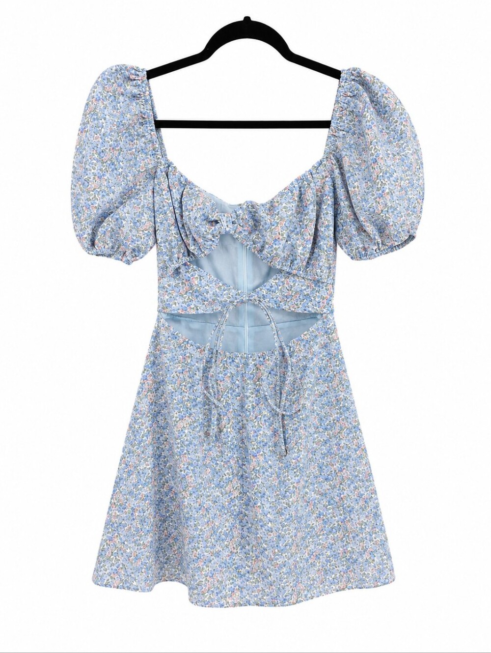 Smoky Park Blue Floral Cutout Mini Dress Puff Sleeve Cottagecore Size Small NWT - Picture 2 of 9